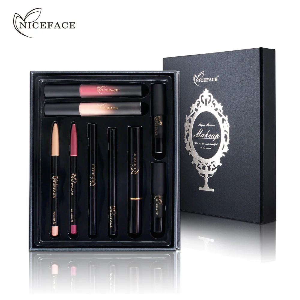

Magic Mirror Makeup Kit Eyelashes mascara + eyeliner + Eyebrow pencil + Lip liner + Liquid lipstick Long Lasting Brand Make Up