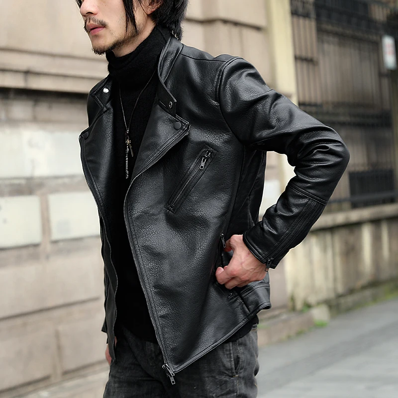 

Locomotive Pu Leather Stand Collar Long Sleeve Streetwear Jacket Men 2019 Autumn Self-cultivation Black Clothes Male Windbreaker