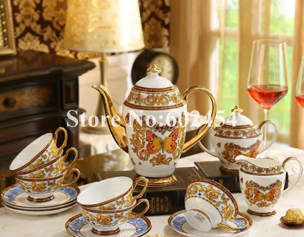 Европейский стиль керамический кофейный набор 15 штук черный чайный набор костяного фарфора чашки и блюдца - Цвет: Черный