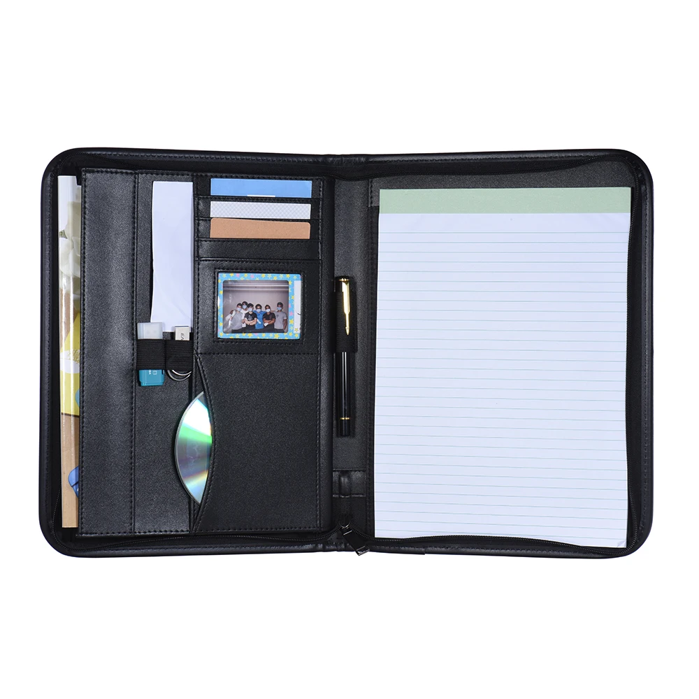 

Multifunctional Business Portfolio Padfolio Folder Document Case Organizer A4 PU Leather Zippered Closure Business Card Note Pad