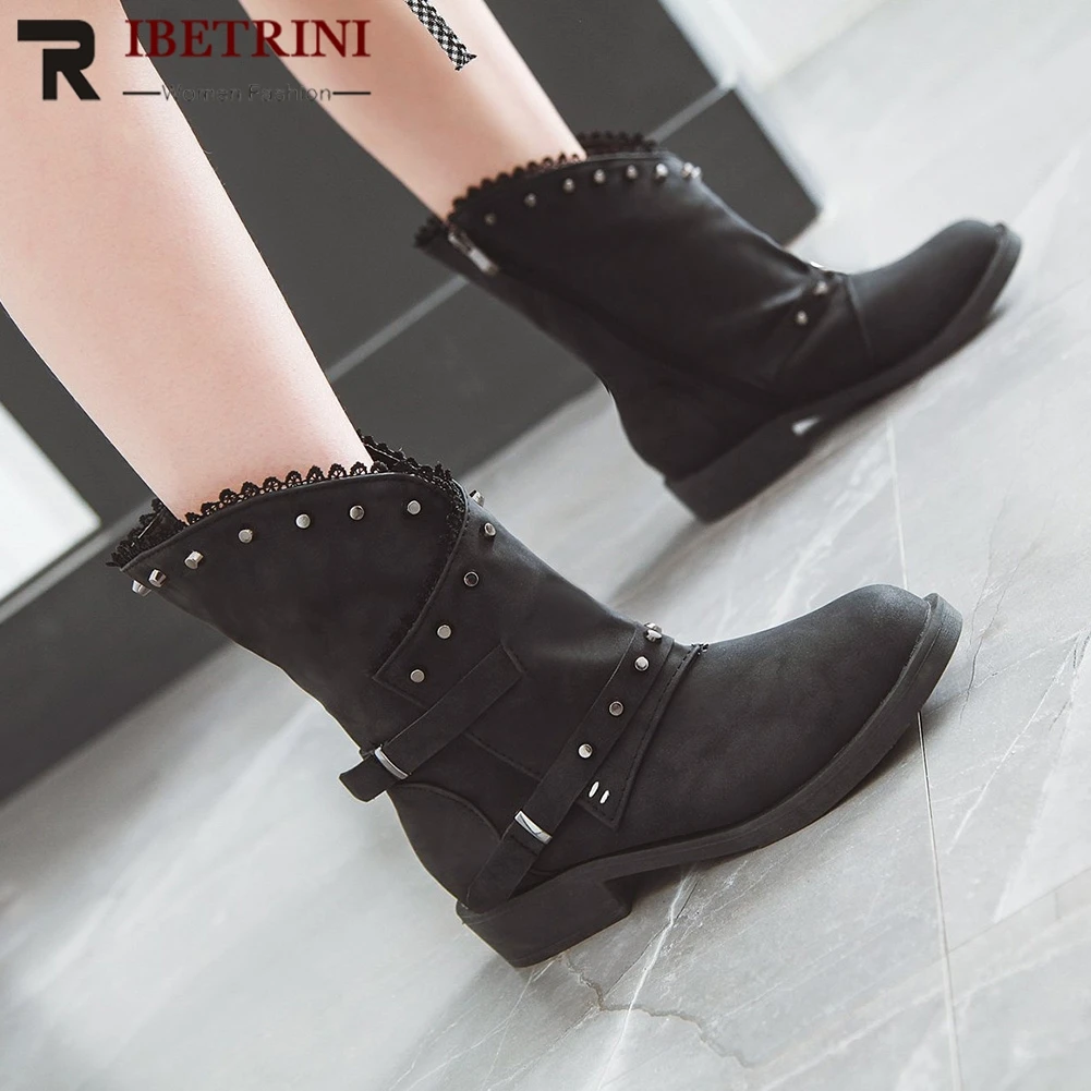 

RIBETRINI women's Boots Autumn Winter Fashion Rivets Low Square Heels Round Toe Slip On Ankle Boots Woman Size 34-43