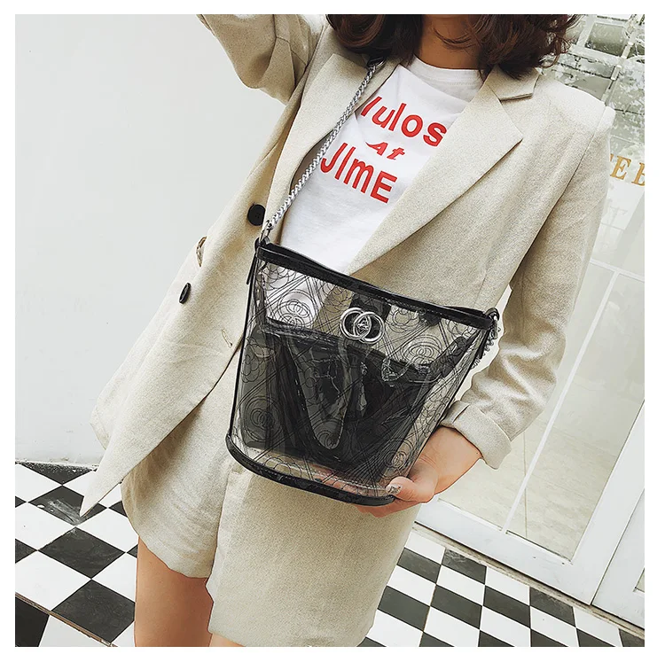 Women PVC Handbag Round Mini Transparent Bucket Composite Convenient Chain Bag Small All-match Handbag Women PVC Handbag Round Mini Transparent Bucket Composite Convenient Chain Bag Small All-match Handbag