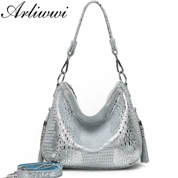 

Arliwwi Genuine Leather Shiny Women's Silver Accessory Tote handbag Soft Suede Leather Lady Bags GL06