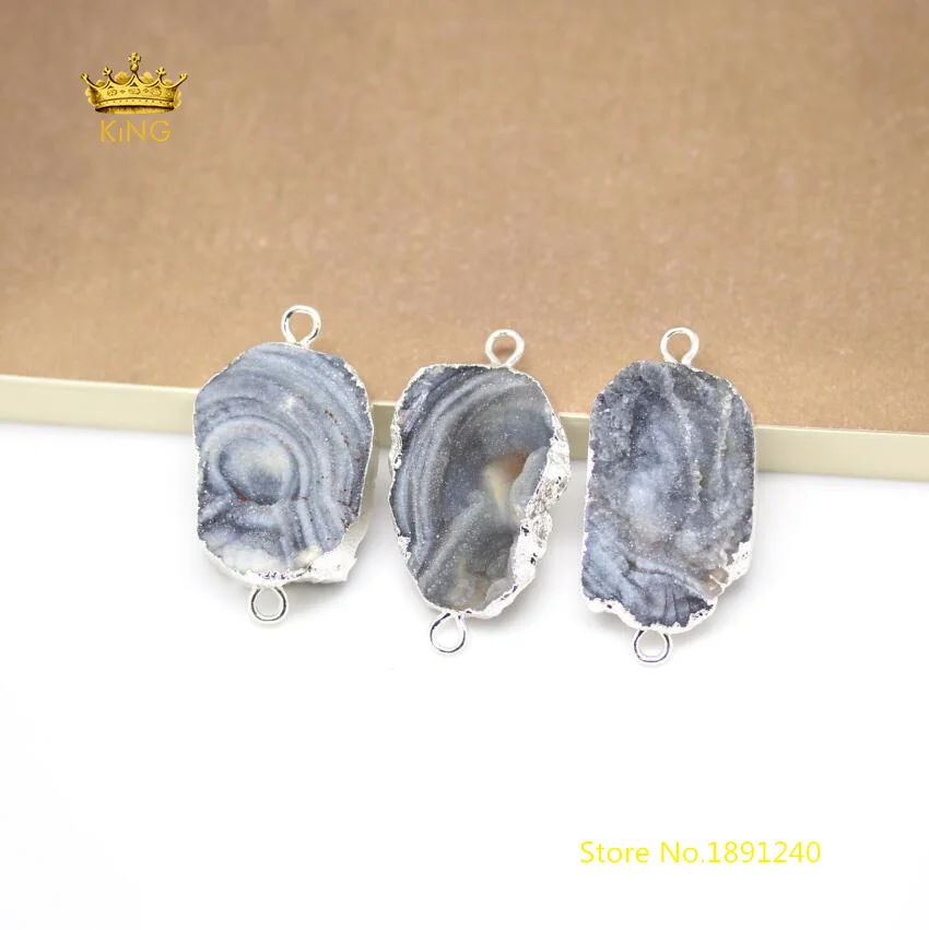 

10pcs Plated Silver Bails Natural Druzy Connectors,Raw Drusy Quartz Agates Slice Slab Beads Links Charms Bracelet Necklace GH260