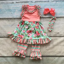 Capri d’été bébé filles ruches coral mint floral sans manches vêtements coton boutique tenues top assortis arc & collier