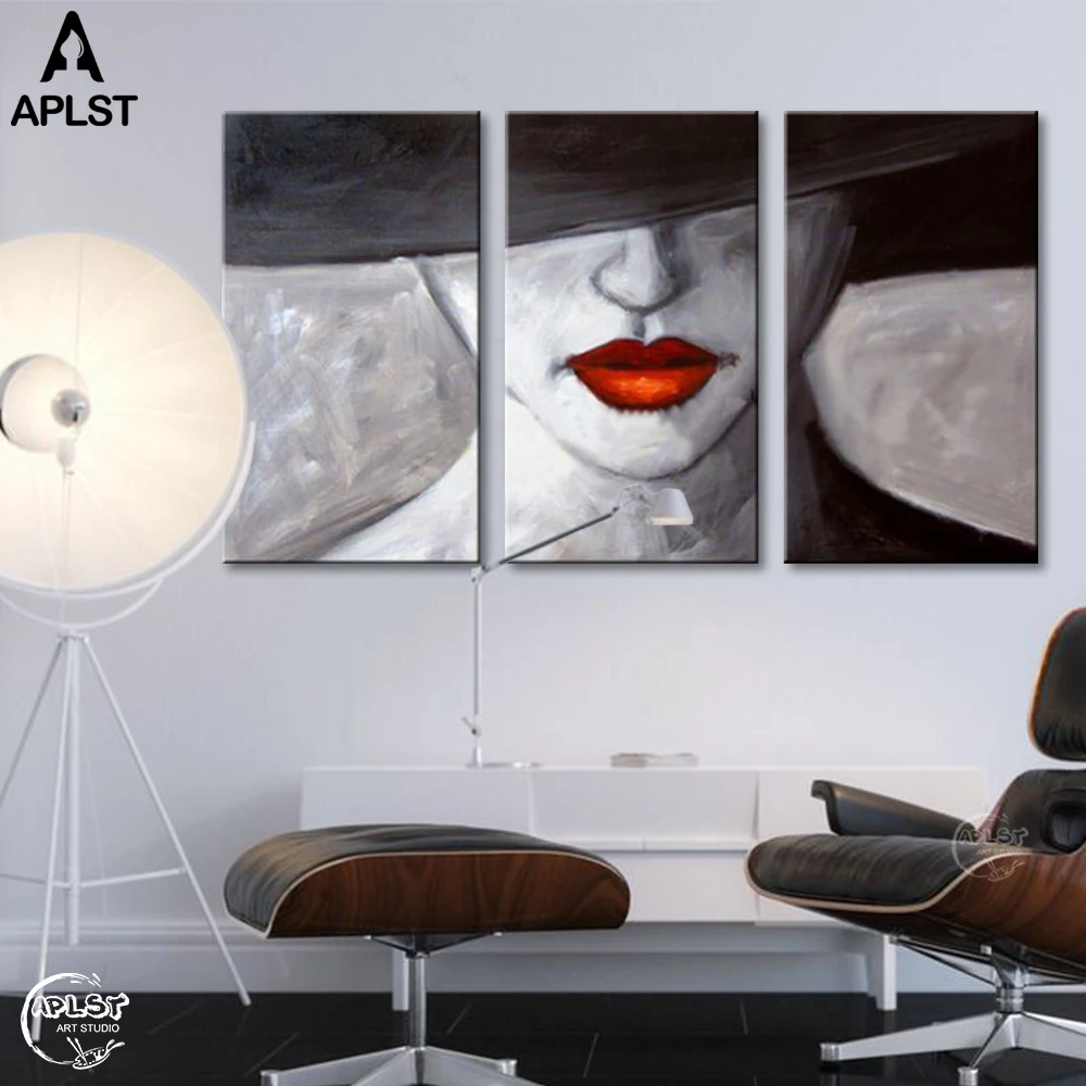 

People Portrait Sexy Lady Oil Painting 3 Panels Red Rips Canvas Art Black and White Wall Picture Decals (No frame )