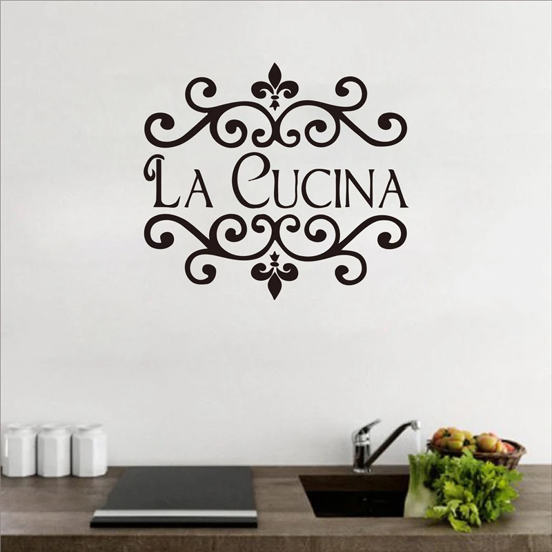La Cucina Kitchen Wall Sticker Italian Home Kitchen Quote Wall Decor Flower Kitchen Cut Vinyl Waterproof Decor Wall Art Mural
