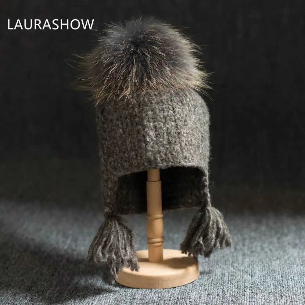 LAURASHOW/детская зимняя брендовая шапка 16 см из натурального меха лисы и норки, шапка с помпонами для девочек, вязаная шапка, шапка Skullies, Детские шапочки - Цвет: 16cm Grey Fur Ball