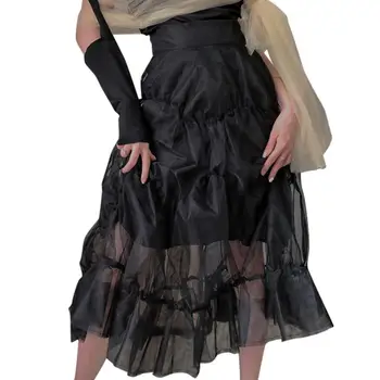 

Organza mesh skirt women black high waist patchwork a-line cake midi calf skirt