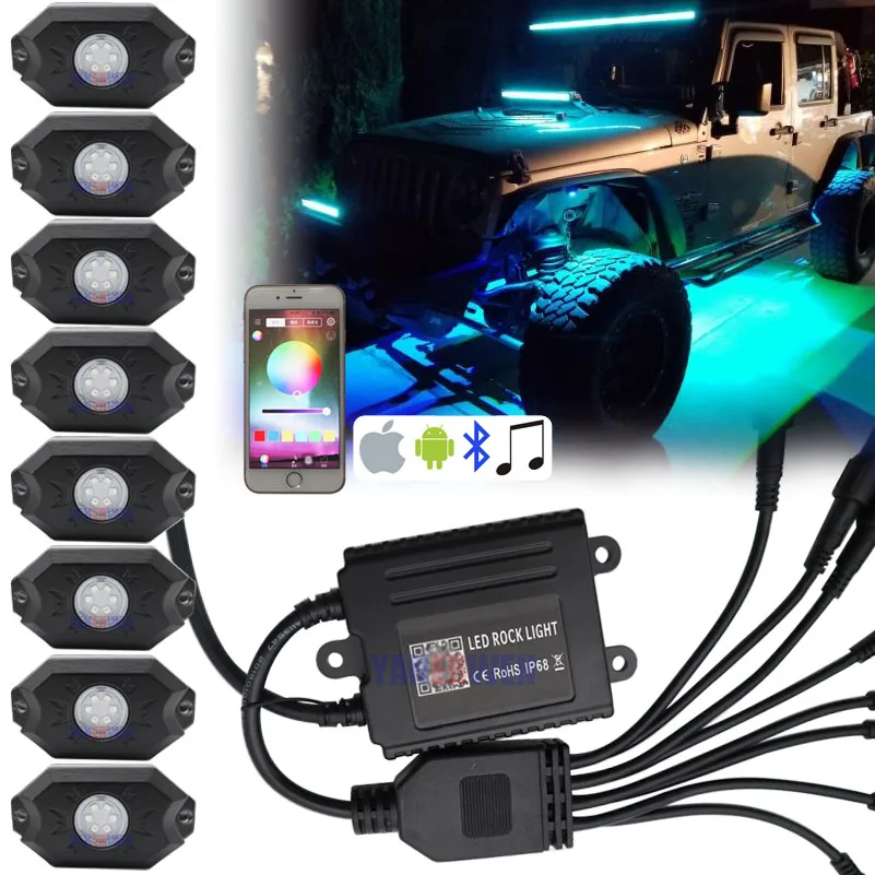 

4/8 Pods RGB Led Rock Light Kit IP68 Bluetooth Control Wiring Harness & Switch for Offroad SUV 4WD ATV UTE Car Trucks