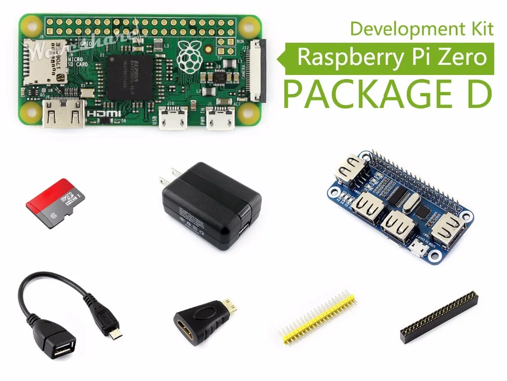 

Parts Raspberry Pi Zero Package D Basic Development Kit Micro SD Card, Power Adapter, USB HUB, and Basic Components