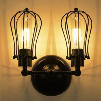 

American Industrial Iron Wall Sconce Loft Black Corridor Wall Light Vintage Wall Lamp double heads cage lampshade wall lamp