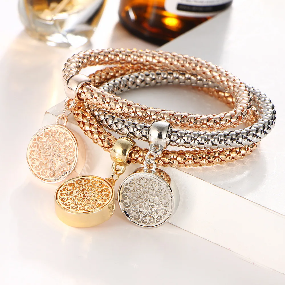 

3Pcs Gold Color tree Charm Elastic Bracelets For Women Pulseras Bracelet Cute Multilayer Bangles pulseira feminina Gifts