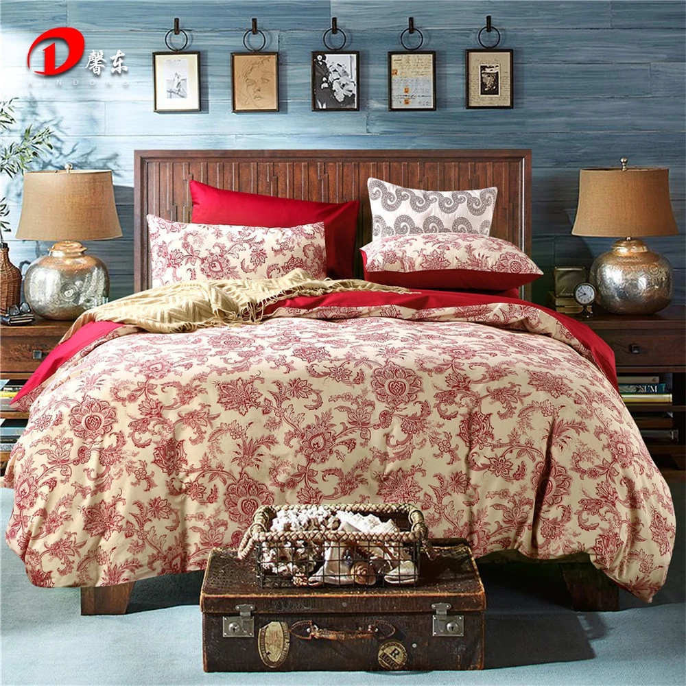 Red Floral Satin Bed Set Luxury Egyptian Cotton Bedding Set King Queen