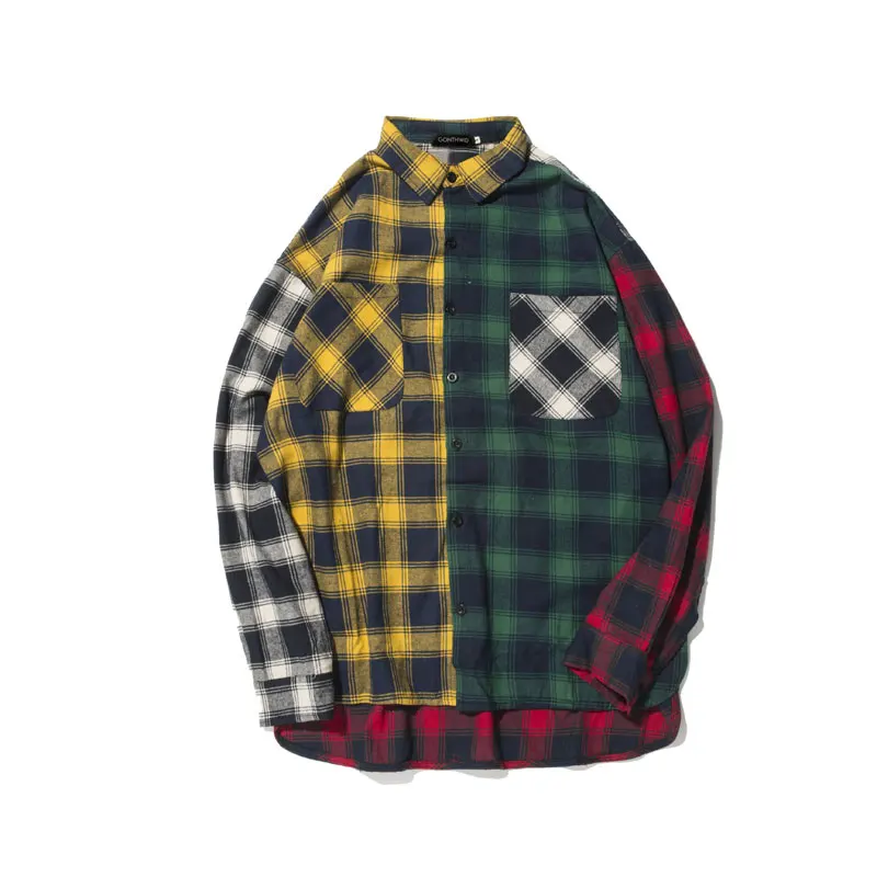 Color Block Patchwork Plaid Long Sleeve Shirts 3