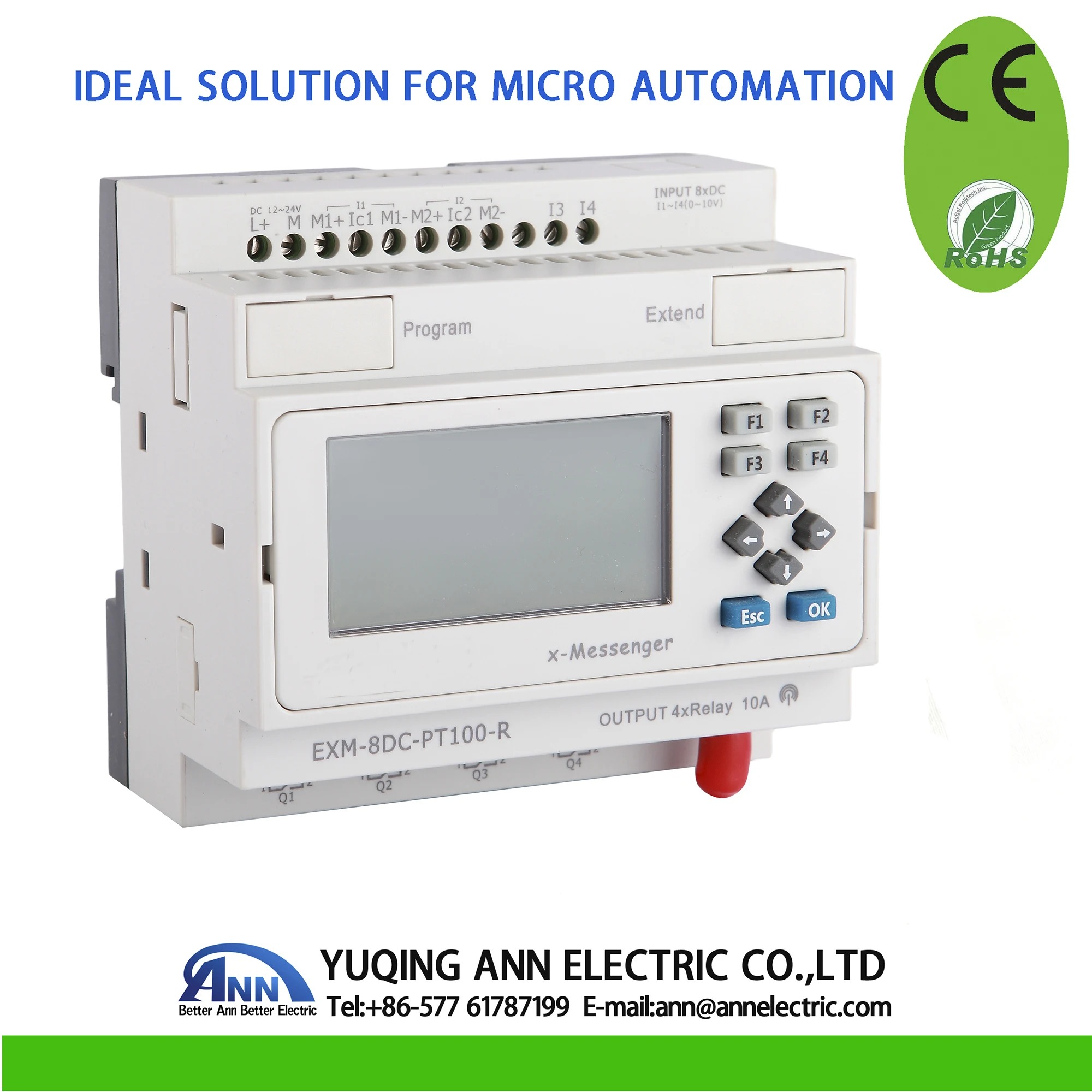 EXM-8DC-PT100-R-HMI with LCDProgrammable logic controllerVoltage: DC12-24V，Input: 2 digital + 2 Channels PT100 Output: 4 r