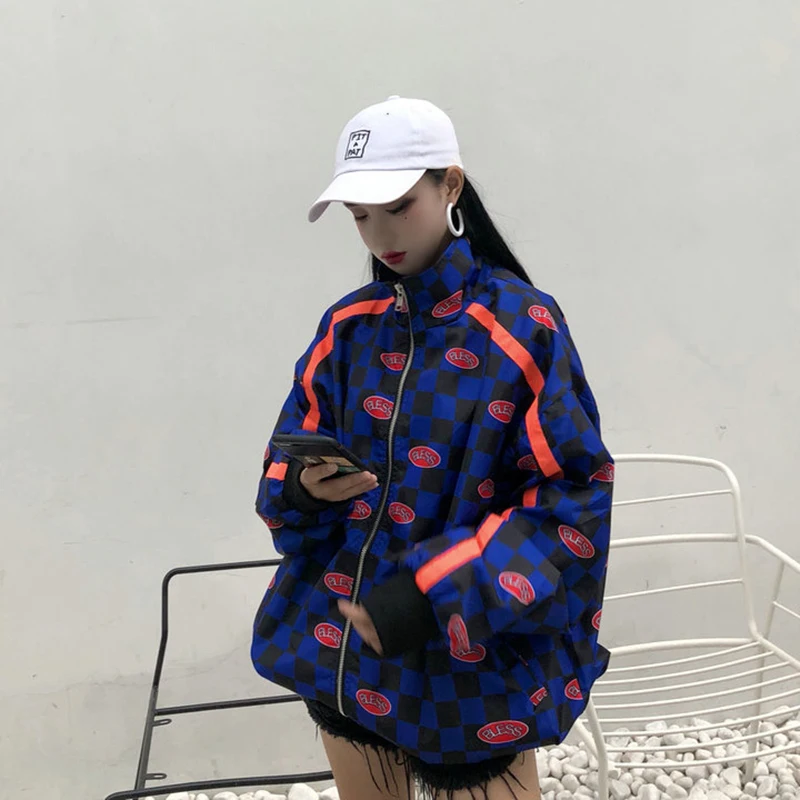 Клетчатая Осенняя Женская куртка размера плюс Harajuku, ветровка, пальто, куртка-бомбер более размера d, Корейская уличная куртка в стиле стимпанк 50B0072
