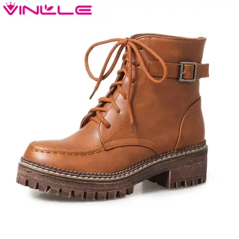

VINLLE 2020 Women Boots Shoes Lace Up Ankle Boots Square Low Heel Round Toe Buckle Yellow Ladies Motorcycle Shoes Size 34-43