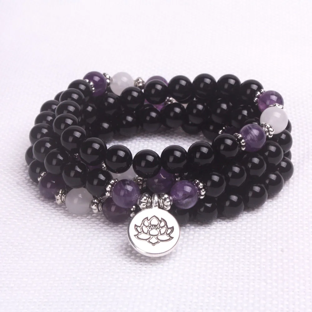 

Black onyx and purple crystal with Buddha Charm Pendant bracelet & necklace yoga 108 mala bracelet
