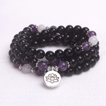 

Black onyx and purple crystal with Buddha Charm Pendant bracelet & necklace yoga 108 mala bracelet