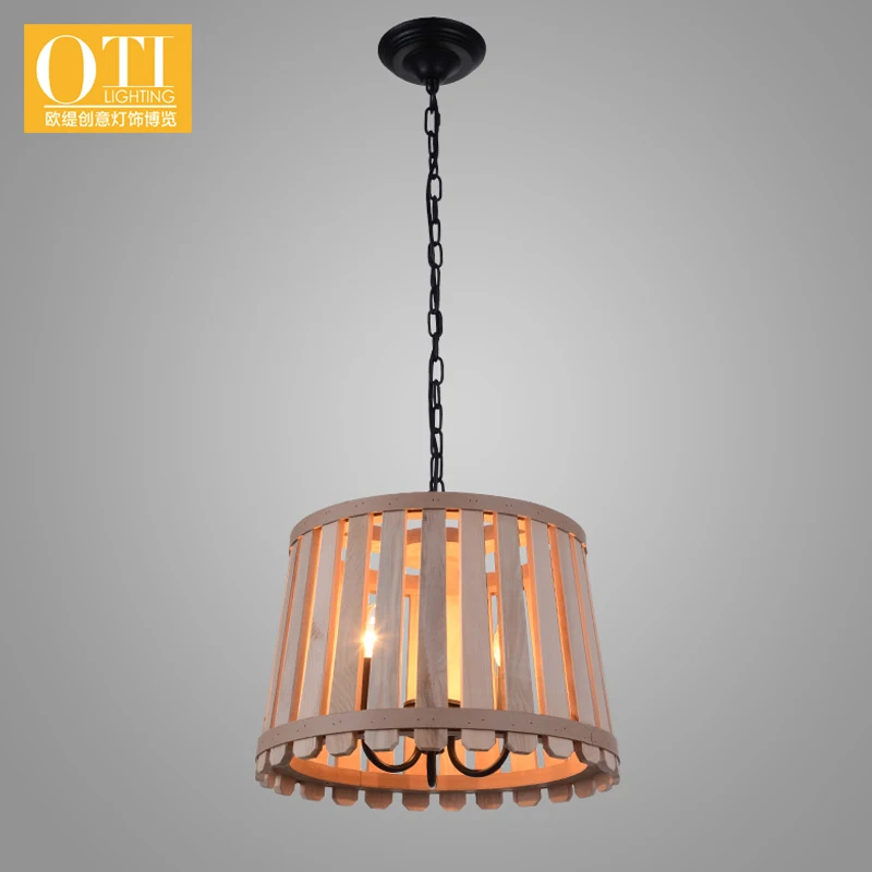 

OTI Lighting Pendant Lights Round Wood American Rural Retro Indoor Lamp Green/Wood Color 1PCS