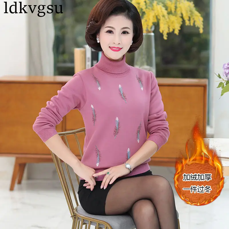 

2019 Mother Plus Velvet Knitted Sweater Women Middle-aged Winter Loose Shirt Thick Turtleneck Sweater Pullovers Plus Size V200