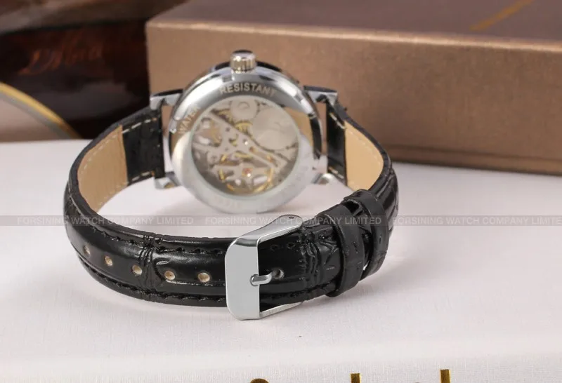 Известный бренд WINNER WRL8005M3S1 механический серебряный цвет женские наручные часы черный кожаный ремешок