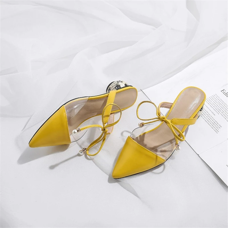 Ouqinvshen Pointed Toe Plus Size Shoes Women Crystal Yellow Lace Up Leather Summer Slippers Strange Style Sexy Slippers 2019 Ouqinvshen Pointed Toe Plus Size Shoes Women Crystal Yellow Lace Up Leather Summer Slippers Strange Style Sexy Slippers 2019