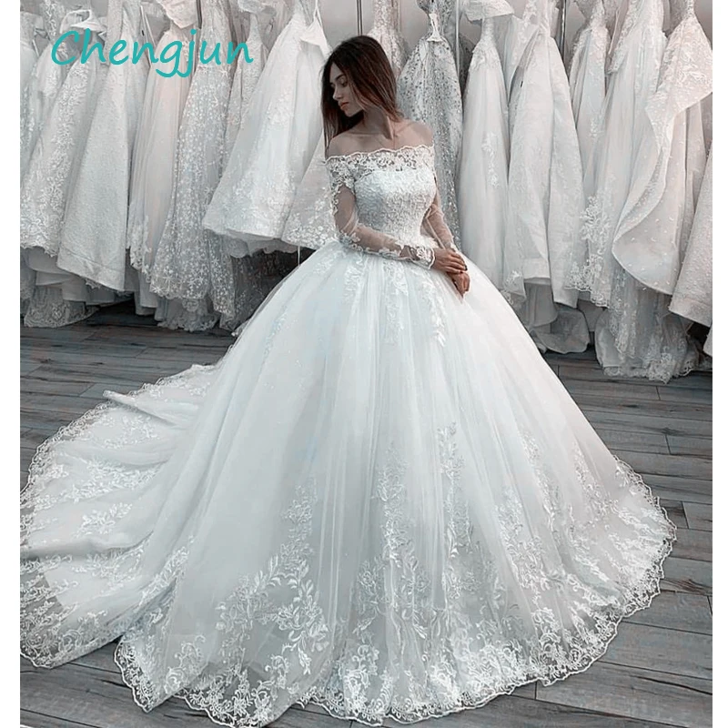 

Chengjun Boat Neck Long Sleeve Ball Gown Lace Women Wedding Dress