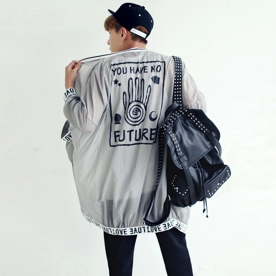 

Hip Hop Punk Rock Letter Print Casual Sunscreen Sunrpoof See through Man Boy Jacket