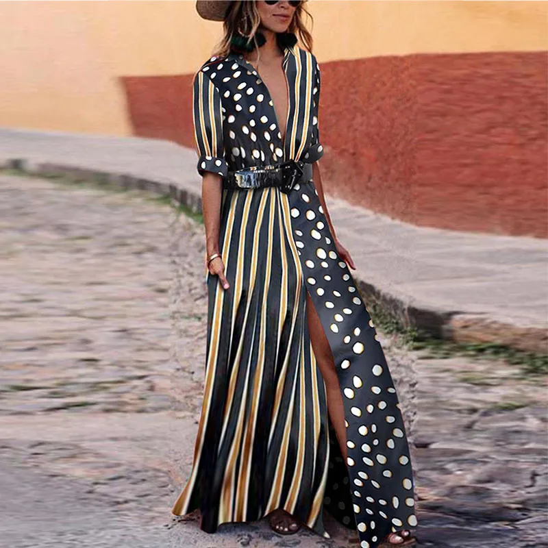 VITIANA Women Maxi Long Floor Length Casual Dress Ladies 2018 Summer Autumn Dot Striped Print Loose Party Dresses Plus Size 3XL