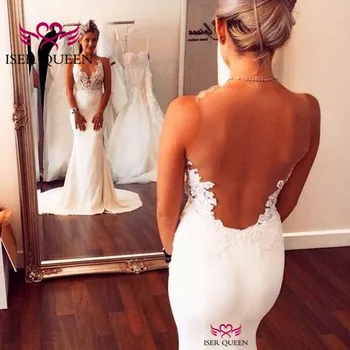 

Lustrous Satin Illusion Sexy Backless Appliques Embroidery Pure White Bride Dresses Latin Style V-neck Wedding Dress Train w0528