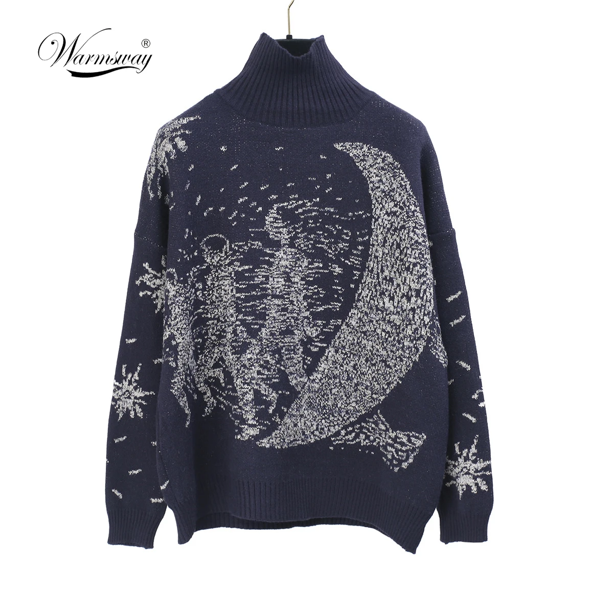 Turtleneck Sweater Women 2022 Winter Thick Runway Design Galaxy Moon Oversized Casual Pullover Knit Jumper C-122 | Женская одежда