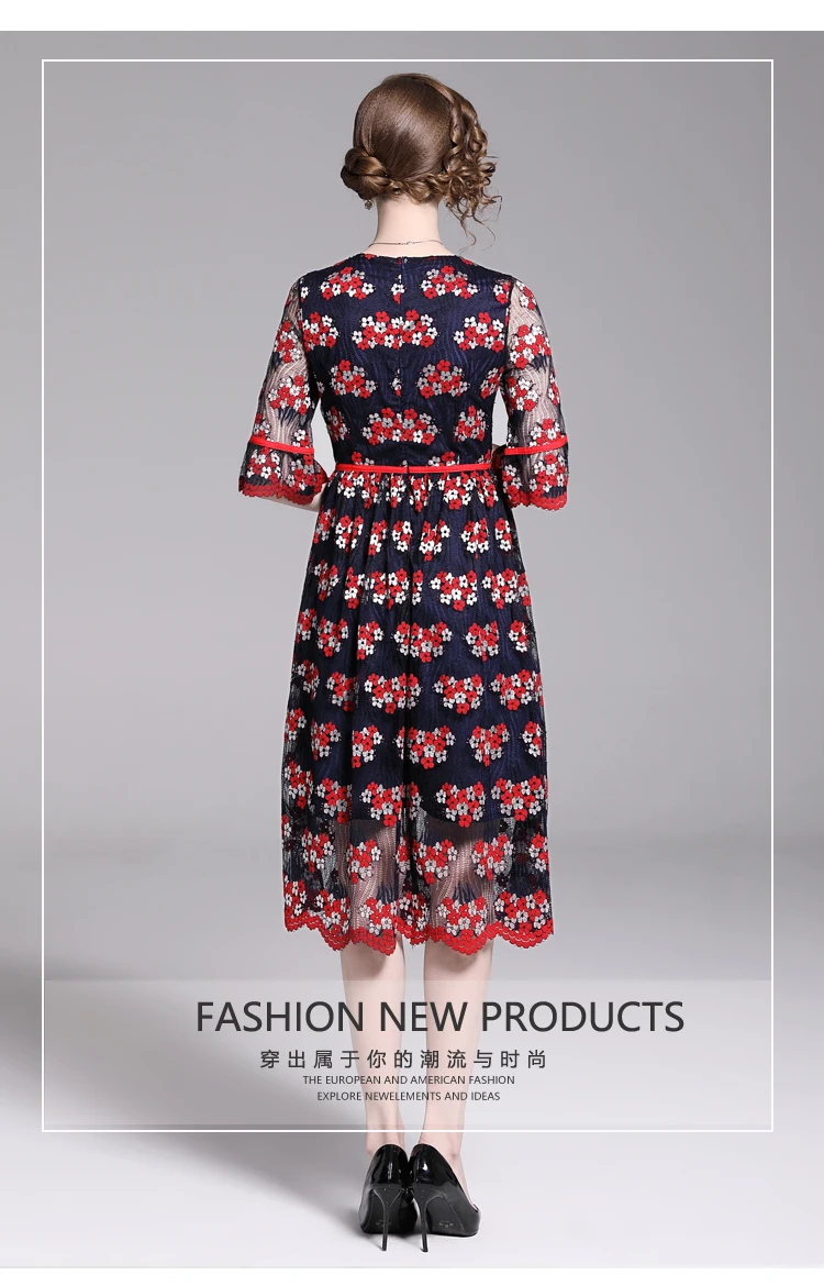 Летнее повседневное кружевное платье Vestidos, платье с цветочной вышивкой и круглым вырезом, ТРАПЕЦИЕВИДНОЕ Сетчатое платье до середины икры DR892