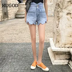 RUGOD 2019 Новое поступление для женщин джинсовые шорты Высокая Талия Тонкий Карманы светлые цвет Нерегулярные шорты для темперамент