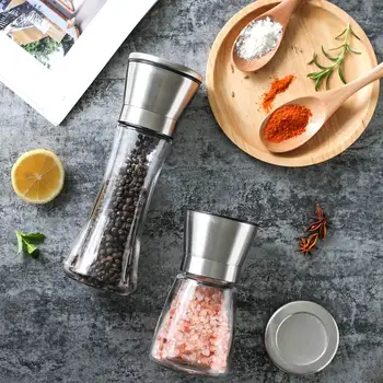 

Stainless Steel Pepper Grinder Glass Body Spice Mills Shaker Handheld Seasoning Pot Salt Container Condiment Jar Cooking Tools