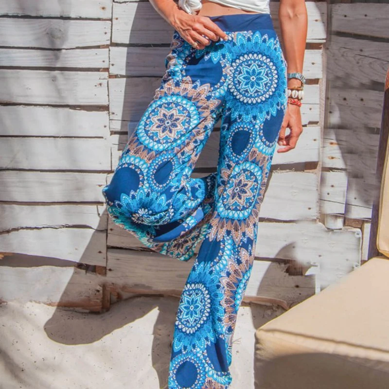 

Women Wide Leg Pants 2019 Vintage Floral Printed Hihg Waist Rubber Tight Pants Streetwear Beach Bohemian Long Pants Loose Sexy