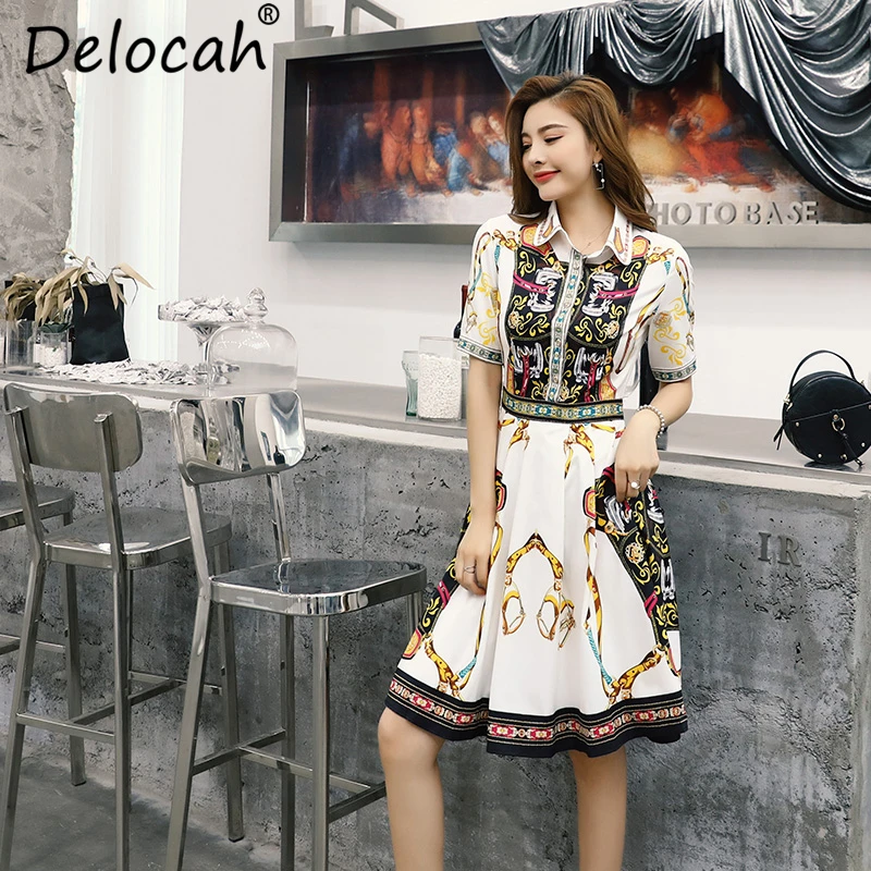 Delocah 2019 Women Spring Summer Dress Runway Fashion Designer Short Sleeve Geometric Printed Elegant Vintage Vacation Dresses