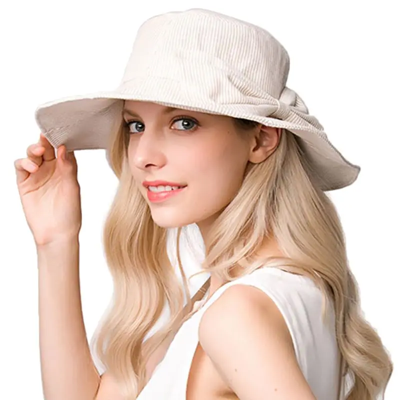 Beige Женская пляжная шляпа от солнца из хлопка и льна, однотонная, с большим бантом, с гибкими широкими полями, в полоску, с принтом, складная шапка-ведро с ремешком для подбородка - Цвет: Beige