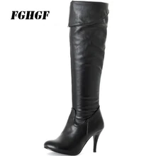 Сапоги для верховой езды на шпильке сапоги на высоком каблуке с круглым носком и боковой молнией Сапоги выше колена большого размера из искусственной кожи и абразивной кожи, размер 34-50