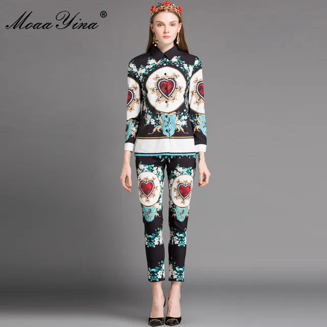Special Price MoaaYina Fashion Designer Runway Set Spring Women Long sleeve Heart Floral-Print Career Shirt+3/4 Pencil pants Two-piece suit Special Price MoaaYina Fashion Designer Runway Set Spring Women Long sleeve Heart Floral-Print Career Shirt+3/4 Pencil pants Two-piece suit