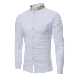 Новый бренд 2018 Для мужчин рубашка вышитым воротником-стойкой платье рубашка с длинным рукавом Slim Fit Camisa Masculina Повседневное мужской