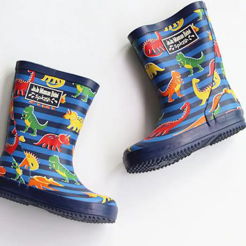 Зимние детские ботинки от дождя для мальчиков, уличные резиновые сапоги для девочек, с рисунком милого красочного динозавра, детские модные легкие сапоги