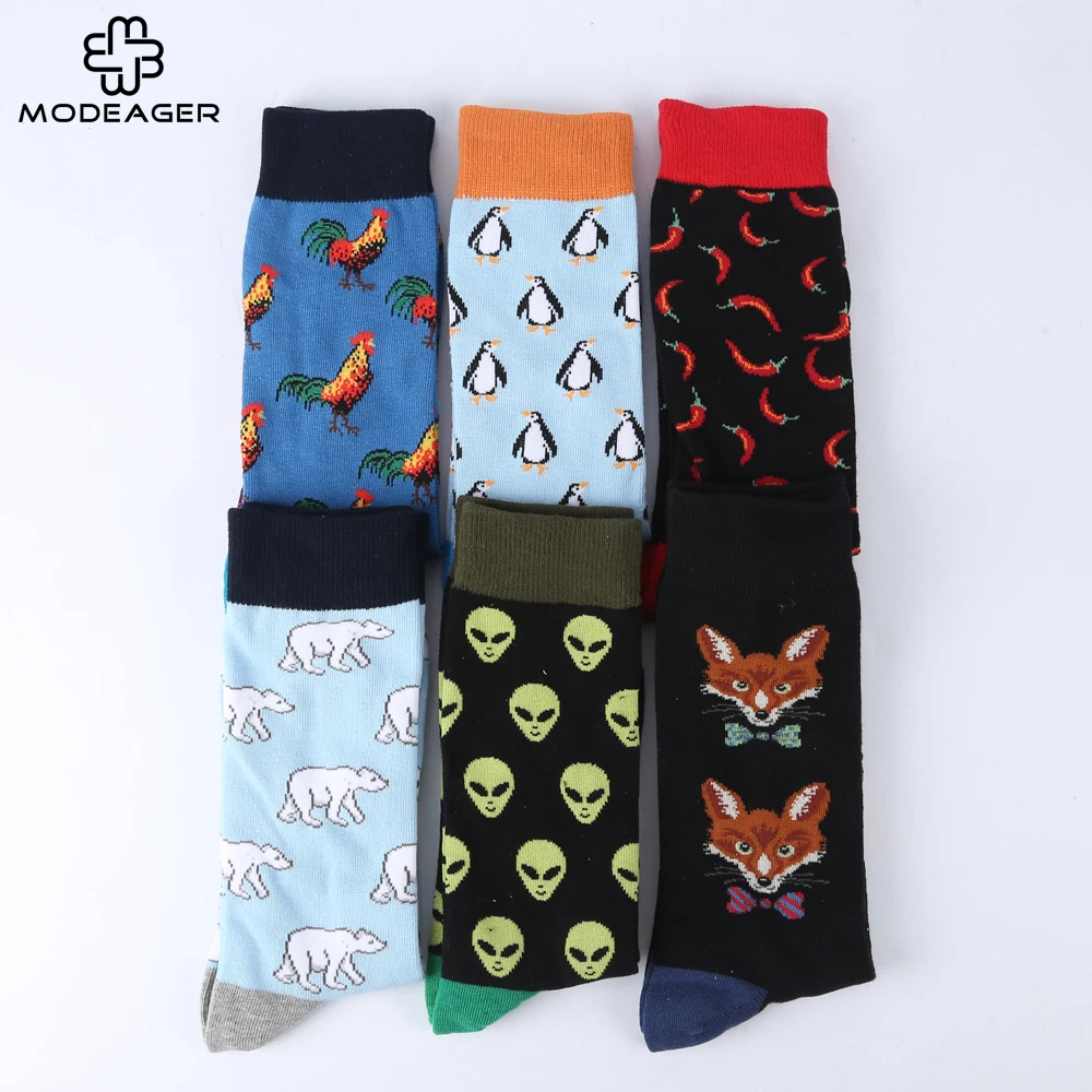 Modeager Brand Long Crew Fox Alien Banana Beer Flamingo Cotton Men's Socks hip hop Cool Funny Skate Socks for Men EU 40-47