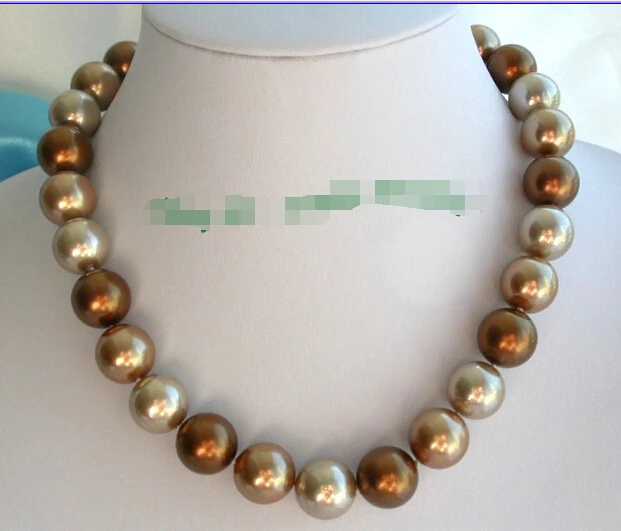 Wonderful big 12mm round coffee champagne south sea shell pearls necklace 18