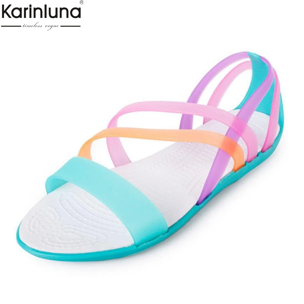 

Karinluna 2019 factory wholeslae leisure summer beach Women shoes Sandals soft PVC colorful slip on flat Shoes woman Jelly shoes