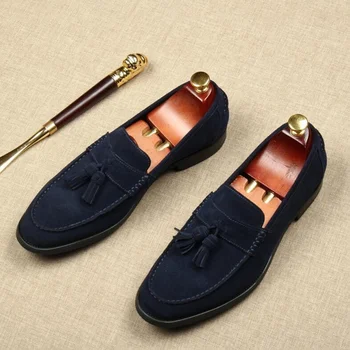 

OMDE Dark Blue Suede Tassel Loafers Leather Men Shoes Slip-on Mens Dress Shoes Casual Men's Flats Boat Shoes