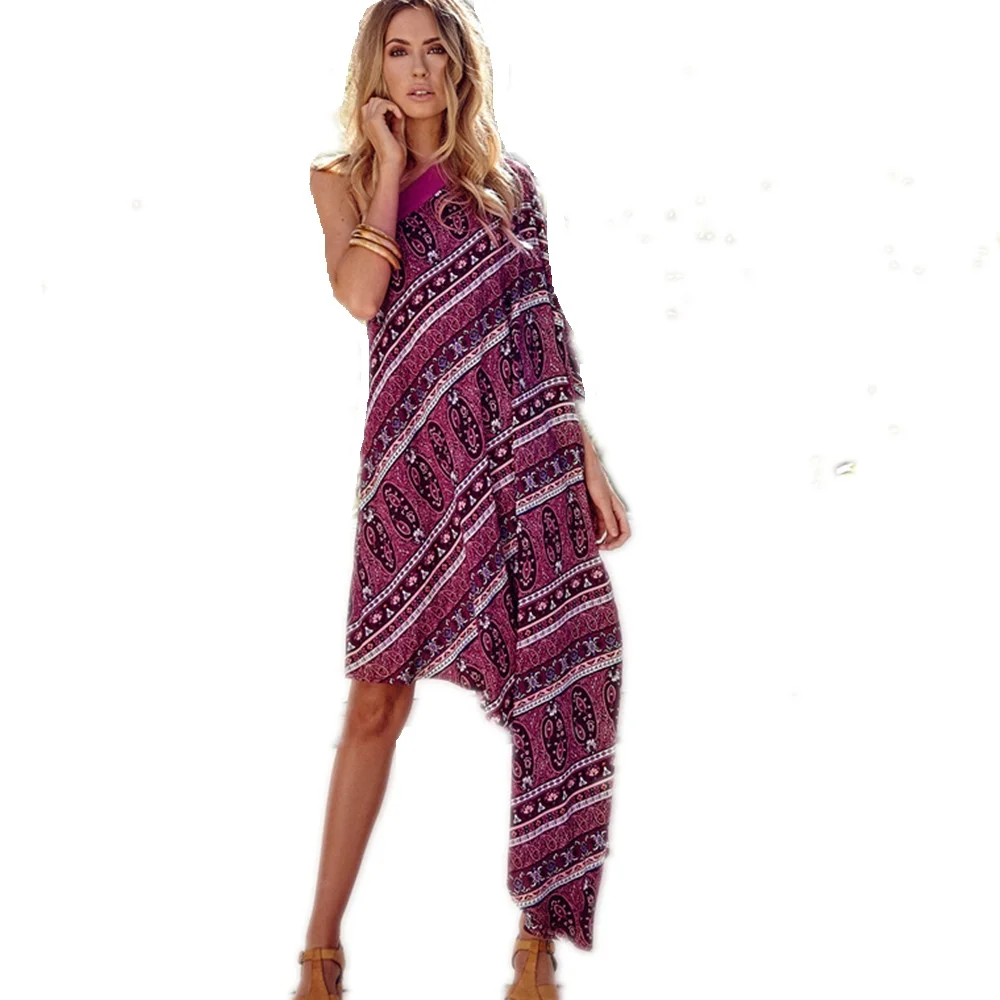 Wholesale 2017 Purple Floral Print Ashmmetrical Hi-lo One Shoulder Flare Sleeve Cotton Summer Beach Dress Sexy Plus Size Dress Female Buy Cheap 2017 Purple Floral Print Ashmmetrical Hi-lo One Shoulder Flare Sleeve Cotton Summer Beach Dress Sexy Plus Size Dress Female