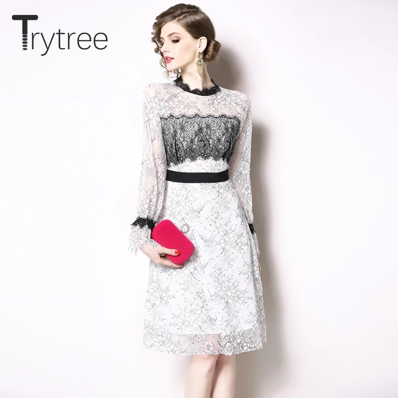 Trytree 2019 летнее осеннее платье цветочное элегантное кружевное с круглым вырезом