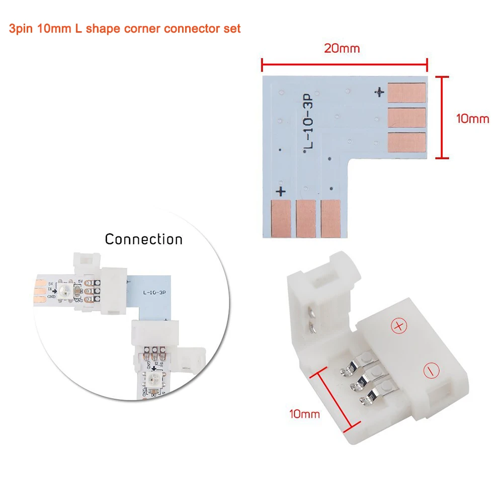 3pin 10 мм ширина L форма угловой разъем без пайки светодиодный разъем для ws2811 ws2812b SK6812 Светодиодная лента без пайки Ambilight